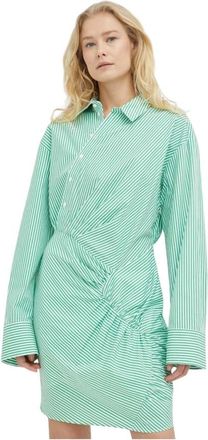 Birgitte Herskind Gestrikte Mini Jurk met Ruches - Dames - Shirt Kleedjes - Groen - M - Katoen - Kleedjes