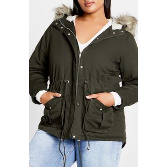 City Chic Explorer Parka with Faux Shearling Lining in Khaki at Nordstrom, Size Xxs