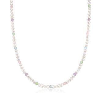 Ross-Simons 3.5mm Cultured Pearl and Multi-Gemstone Bead Necklace With 18kt Gold Over Sterling