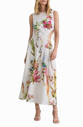 Reiss Bianca Floral Side Cutout Drop Waist Midi Dress in Ivory at Nordstrom, Size 10 Us