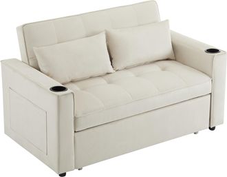 STILVORA Sof&aacute; Convertible 2 Plazas En Terciopelo Con Respaldo Ajustable, 2 Portavasos, Bolsillo Lateral Y 2 Cojines Gruesos, Beige