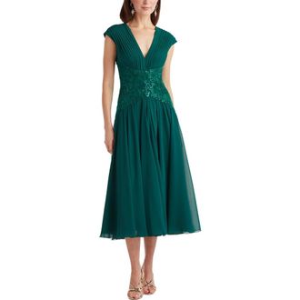 Tadashi Shoji Sequin Pleated Chiffon Midi Dress in Elm at Nordstrom, Size 12