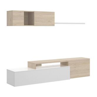 Dmora Parete Attrezzata Axayazala, Set Da Soggiorno Modulare Ad Angolo, Mobile Salotto Porta Tv Multiposizione, 201x41h180 Cm, Bianco Lucido E Rovere - Dmor