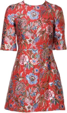 Dolce & Gabbana Rode Bloemen A-Lijn Mini Jurk - Dames - Korte kleedjes - Rood - 2XS - Katoen - Kleedjes