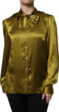 Dolce & Gabbana Green Satin Long Sleeve Ascot Tie Shirt Womens Top (Pre-Owned)