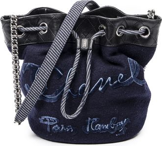 Chanel Pre-owned Womens Embroidered Wool Bucket Chain Bag Shoulder Bag - Blue/Navy - One Size