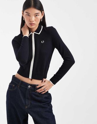 Fred Perry camicia in maglia con colletto e zip a contrasto navy-blu navy