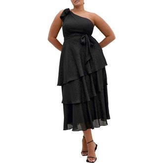 City Chic Metallic One-Shoulder Tiered Dress in Black/Silver at Nordstrom, Size Xxxs
