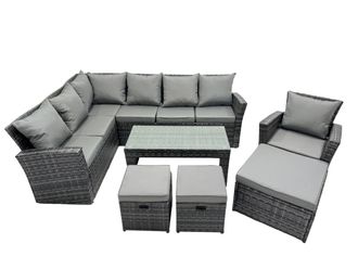 Fimous 10 Seat Outdoor Oblong Coffee Table Corner Sofa Set with 3 Stool in Dark Grey