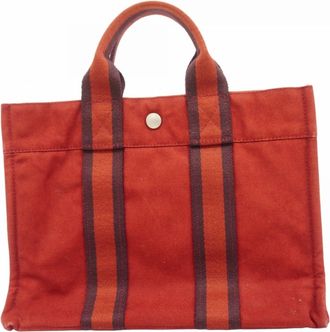 Herm&egrave;s Red Color Canvas Tote Bag (Pre-Owned)