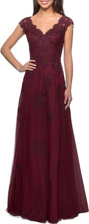 La Femme Short Sleeve Lace Gown with Cascading Embellishments in Burgundy at Nordstrom, Size 12