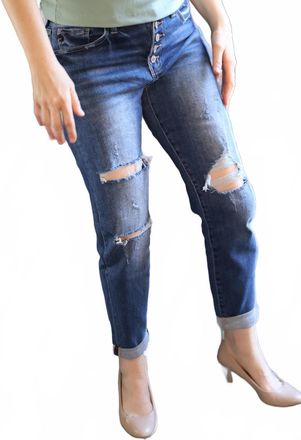 Kancan High Rise Button Down Girlfriend Jeans In Medium Wash