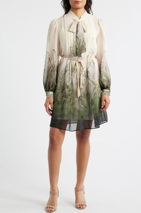 Julia Jordan Pleated Long Sleeve Shirtdress in Ivory Multi at Nordstrom, Size X-Small