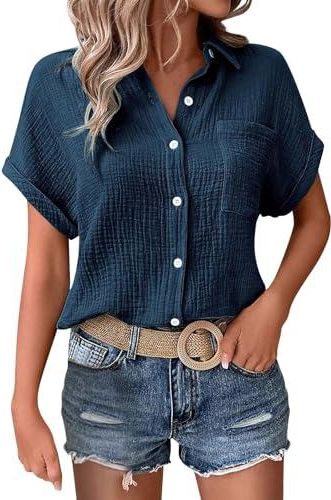 Chemisier Coton Et Lin Femme, Chemise Femme Chic Et élégant Col En V Bouton Manche 3/4 Tops Couleur Unie Printemps Eté LâChe Respirant T-Shirts Grande Taille Pas Cher Casual Tunique Blouse