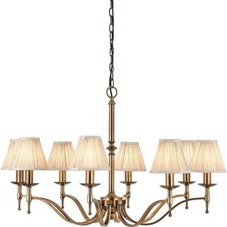 Loops Avery Ceiling Pendant Chandelier Light 8 Lamp Antique Brass & Beige Pleat Shade