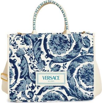 Versace Large Barocco Floral Raffia Tote in Eggshell/Bright Blue at Nordstrom