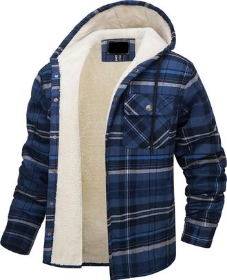 Generic Mens Coats And Jackets Mens Warm Shacket Fleece Lined Checked Sherpa Jacket Plaid Lumberjack Coat Winter Windproof Soft Touch Outerwear Casual Smart U