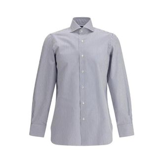 Finamore Casual Shirts, male, Blue, 4XL, Classic Striped Shirt with Collar