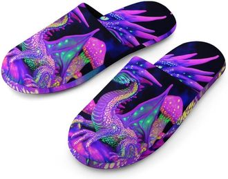 Generic Mushroom Dragon Purple Flannel Mens Slip-on Slippers Winter Warm House Shoes with Rubber Sole for Home Hotel
