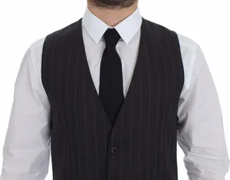 Dolce & Gabbana Gray Striped Wool Logo Vest Gilet Mens Weste