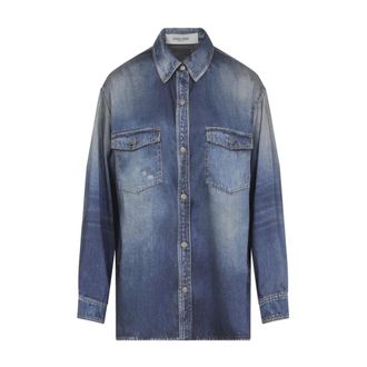 Golden Goose Denim Shirts, female, Blue, Size: XS Patty Over Shirt Archive Denim Print