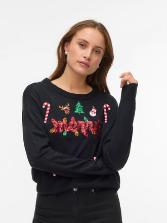 Vero Moda Weihnachtspullover VERO MODA VMGLITTER LS O-NECK XMAS BOX, Damen, Gr. XS, schwarz detail:with seq, merry artwork, Strick, Obermaterial: 100% Polyacryl