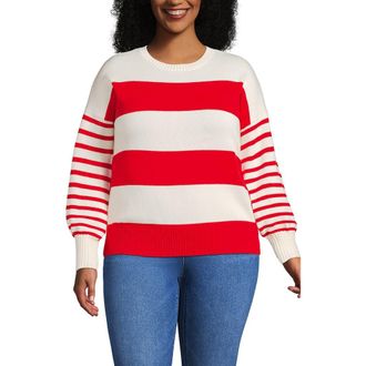 Lands End Plus Size Drifter Placed Jacquard Jersey Crew Neck Sweater in Coral Red/ivory Stripes at Nordstrom, Size 2 X