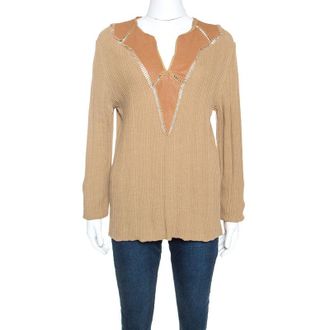 Roberto Cavalli Tan Rib Knit Leather Trim Top
