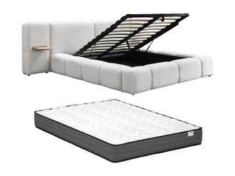 Vente-Unique Canap&eacute; abatible con mesitas de noche 160 x 200cm - Tela boucl&eacute; - Beige + Colch&oacute;n - VILACO