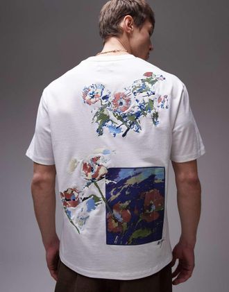 Topman x Alice Hartley premium heavyweight relaxed fit t-shirt with front and back floral embroidery in white