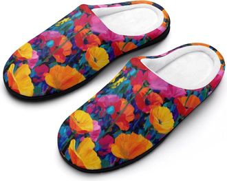 Generic Abstract Colorful Flowers Poppies Funny Mens Cotton Slippers Soft Non-Slip Rubber Sole House Slipper Indoor Outdoor