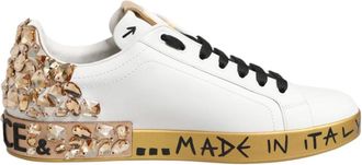 Dolce & Gabbana Kristal Portofino Lage Sneakers - Heren - Sneakers - Wit - 40 1/2 EU - Leer - Schoenen
