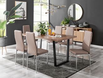 Furniturebox Kylo Large Brown Wood Effect Dining Table & 6 Milan Chrome Leg Faux LeatherChairs in Beige