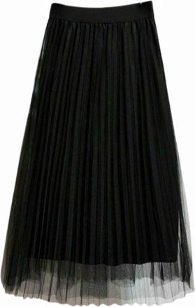 Generic Womens Tulle Skirts Elegant net Elastic Waist A-Line Pleated Midi Skirt with Lining Summer Basic (UK, Alpha, S, M, Regular, Regular, Black)
