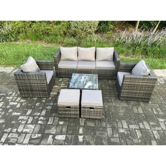 Fimous Fimous Wicker Rattan Garden Furniture Sofa Set with Armchair Square Coffee Table 2 Small Footstools Dark Grey Mixed