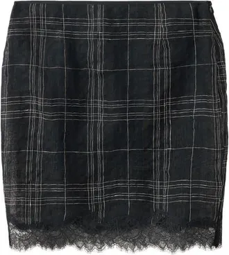 Mango Checkered Linen Blend Miniskirt in Black at Nordstrom, Size 2