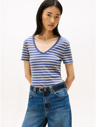 Tommy Hilfiger Womens V-Neck Stripe Favorite T-Shirt - Blue - XXL
