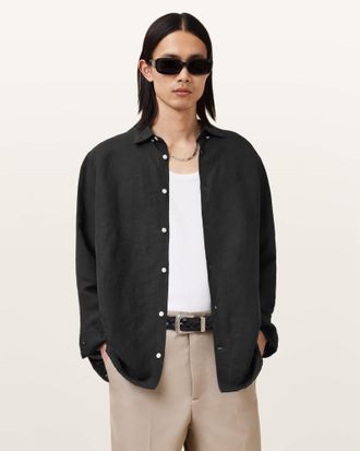 AllSaints Linen/Viscose Bandol Long Sleeve Relaxed Shirt, Size: XXL