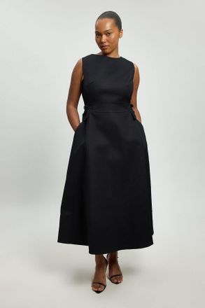 Karen Millen Womens Plus Size Premium Cotton Tailored Fabric Belted Buckle Midi Dress - Black - Size 18 UK