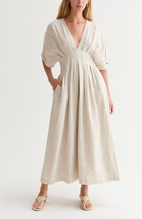 Crescent Pleated Linen Midi Dress in Oatmeal at Nordstrom, Size X-Small