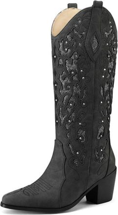 Generic Womens Knee High Embroidered Boots - Combining Western Cowboy and Equestrian Style with a Block Heel,Black,7.5 UK