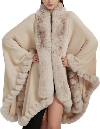 Generic Faux Fox Fur Trim Cardigan Cloak Shawl Wraps Winter Poncho Oversized Cape (Beige,One Size)