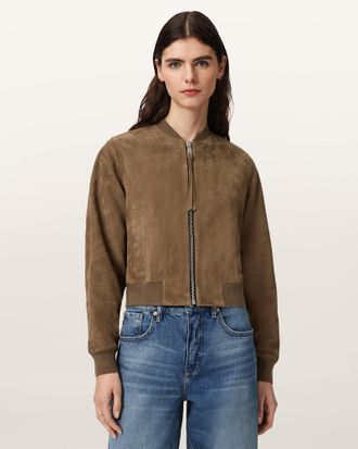 AllSaints Suede Orten Suede Bomber Jacket, Size: UK 14/US 10