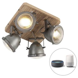 QAZQA Qazqa - Smart Ceiling Light Steel with Wood Incl. 4 WiFi GU10 - Emado