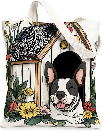 Generic Spring Bull Terrier Dog Canvas Tote Bag for Shopping 13x15, Fun Flower Puppy Kennel Reusable Grocery Print Pattern Bag for Women, Cute Pet Beach Aesth