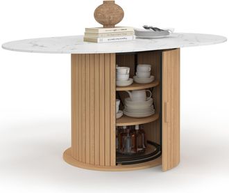 IDMarket Juliette Tavolo Da Pranzo Rotondo Allungabile Per 4-8 Persone Con Gambe A Doghe E Piano Effetto Marmo Bianco 110-150 Cm