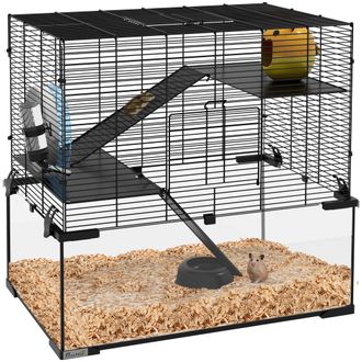 OEM Jaula De H&aacute;mster Con Fondo De Vidrio Plataformas Cuenco Bebedero Casita Rampas Y Rueda De Ejercicio 60x40x54,5 Cm Negro