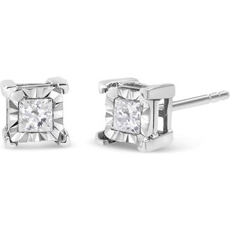 House of Brilliance Silver 1/2 Cttw Diamond Miracle Princess Solitaire Stud Earrings in White at Nordstrom