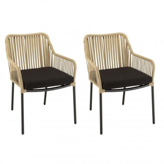 Macabane Lote de 2 sillones de cuerda natural con coj&iacute;n de asiento negro
