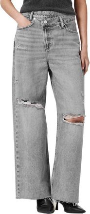 AllSaints Aki Crossover Ripped Raw Hem Wide Leg Jeans in Destroy Grey at Nordstrom, Size 25